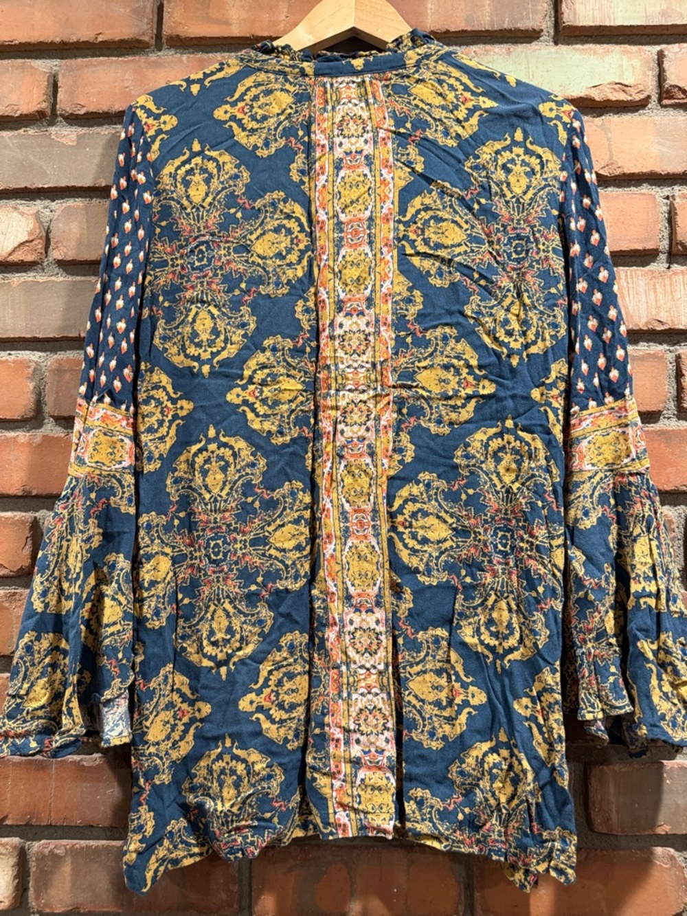 Free People Navy and Mustard Boho Printed Peasant Blouse - Picture 5 of 7